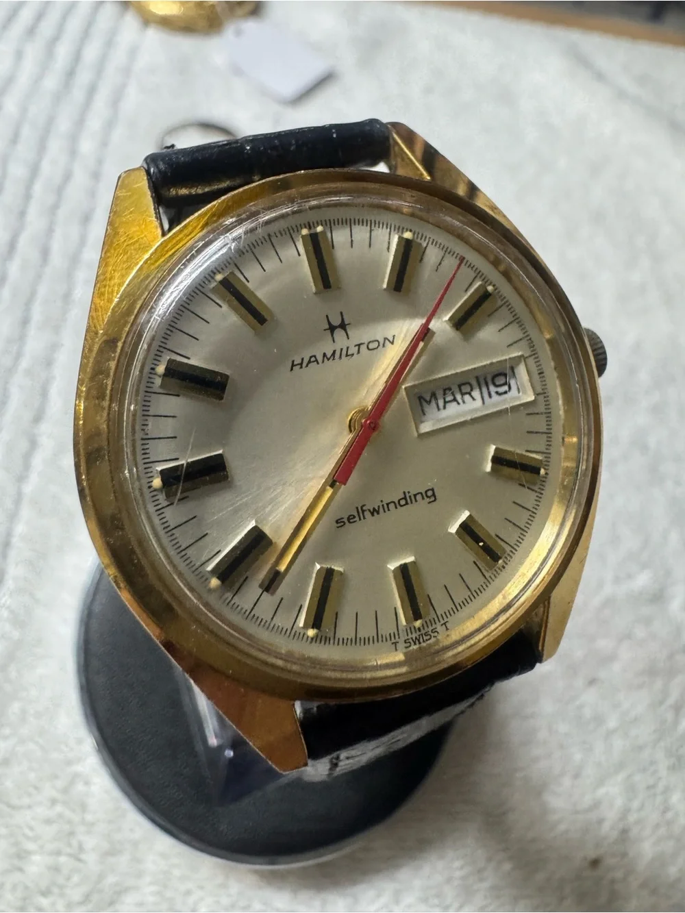 #203 Hamilton Gold-Tone Men's Watch with Black Strap and Red Seconds Hand